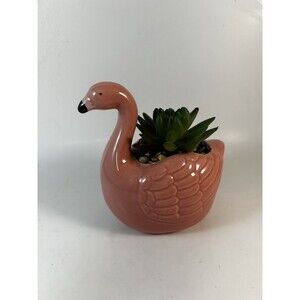 Ceramic Pink Flamingo Planter Faux Succulent Room Decor 5”